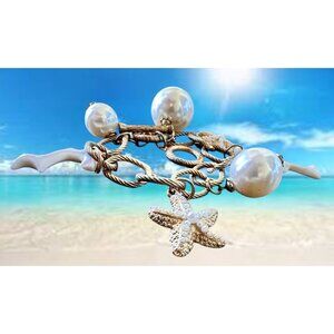 Vintage Sealife Toggle Charm  Bracelet  Starfish Beach Fish Coral Chain Link